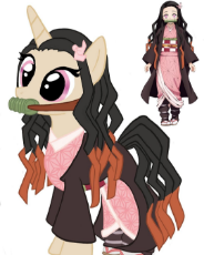 2599569__safe_artist-colon-ponyrefaa_pony_unicorn_bit+gag_clothes_duo_gag_kimetsu+no+yaiba_nezuko+kamado_ponified_simple+background_white+background.jpg