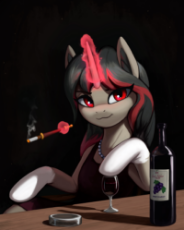 2571965__safe_artist-colon-mrscroup_imported+from+derpibooru_oc_oc+only_oc-colon-elusive+heart_semi-dash-anthro_unicorn_alcohol_bottle_cigarette_cigarette+holde (1).jpg