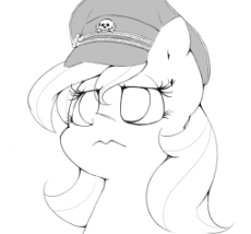 1589534__safe_artist-colon-lyrabop_oc_oc-colon-aryanne_oc only_black and white_earth pony_female_grayscale_hat_looking away_monochrome_peaked cap_pony_.png