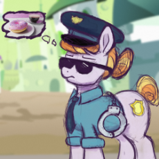 2780895__safe_artist-colon-dummyhorse_copper+top_earth+pony_pony_clothes_cuffs_donut_female_food_hat_high+res_mare_necktie_police_shirt_solo_sunglasses_thought+.png