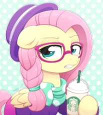 1883462__safe_artist-colon-moozua_fluttershy_fake it 'til you make it_spoiler-colon-s08e04_alternate hairstyle_clothes_coffee_drink_glasses_hat_hipst.png