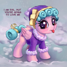 2050216__safe_cozy+glow_solo_female_pony_clothes_pegasus_smiling_blushing_cute_looking+at+you_tongue+out_hat_dialogue_filly_bow_sweater_snow_-colon-p.jpeg