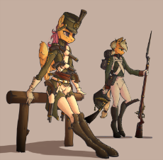 1630496__safe_artist-colon-madhotaru_applejack_scootaloo_anthro_bayonet_boots_clothes_earth pony_empire period_featured image_female_fence_flintlock_gl.png