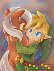 850332__safe_artist-colon-ardail_cute_earth pony_epona_epona's song_eye contact_female_happy_holding a pony_link_mare_open mouth_ponified_pony_smilin.jpeg