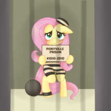 1874532__safe_artist-colon-melissa-dash-b-dash-chan_fluttershy_ball and chain_bipedal_clothes_prison outfit_solo.png