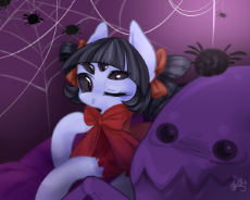 2516596__safe_artist-colon-_pony_spider_black+sclera_bow_female_mare_muffet_multiple+eyes_one+eye+closed_ponified_solo_undertale_wink.png