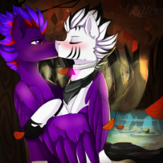 1385162__safe_artist-colon-ritter_oc_oc only_oc-colon-purple force_oc-colon-zerus_bandana_blushing_collar_eyes closed_falling leaves_forest_gay_hug_kis.jpeg