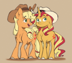 7504631__safe_artist-colon-chub-dash-wub_imported+from+derpibooru_applejack_sunset+shimmer_earth+pony_pony_unicorn_applejack27s+hat_brown+ba.jpg