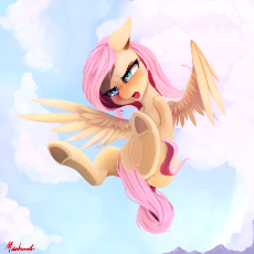 1260804__safe_artist-colon-miokomata_fluttershy_angry_blushing_covering_cute little fangs_fangs_flying_open mouth_peeved_signature_sky_solo_spread wing.png
