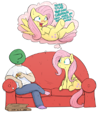 1536178__explicit_artist-colon-shoutingisfun_fluttershy_oc_oc-colon-anon_anon's couch_dialogue_dirty thoughts_featureless crotch_food_human_pizza_pon.png