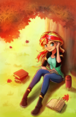 1553252__safe_artist-colon-the-dash-park_sunset shimmer_equestria girls_autumn_book_female_maple leaf_sitting_solo_tree.png