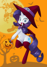 1005290__safe_rarity_solo_pony_clothes_hat_belly+button_socks_bipedal_thigh+highs_costume_bow_holiday_cape_halloween_candy_nightmare+night_witch+hat_.jpg