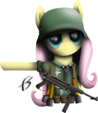 1070899__safe_artist-colon-facelesssoles_fluttershy_clothes_grenade_helmet_looking at you_mp40_nazi_pointing_simple background_soldier_solo_stern_subma.png