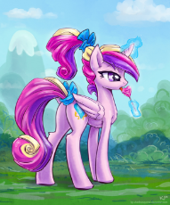 383784__safe_princess+cadance_solo_female_pony_alicorn_plot_magic_food_chest+fluff_bow_alternate+hairstyle_licking_ponytail_younger_candy_tail.jpg