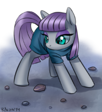 585344__safe_maud+pie_solo_female_pony_mare_clothes_eyeshadow_looking+down_rock_artist-colon-racoonsan.png