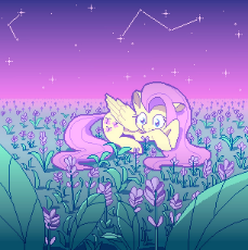 2982980__safe_fluttershy_female_pony_solo_mare_pegasus_wings_lying+down_flower_prone_stars_outdoors_pixel+art_folded+wings_constellation.jpg