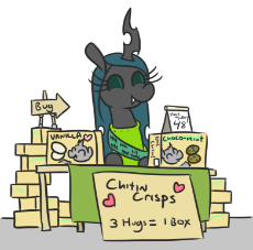 1598043__safe_artist-colon-jargon+scott_queen+chrysalis_boxes_changeling_clothes_cookie_cute_cutealis_food_hugs+4+bugs_sign_solo.png