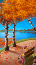 1584763__safe_artist-colon-camyllea_fluttershy_autumn_bench_female_leaves_looking away_mare_pegasus_pony_prone_scenery_smiling_solo_tree_water.png