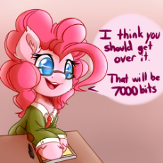 1713861__safe_pinkie+pie_solo_female_pony_clothes_smiling_earth+pony_dialogue_glasses_speech+bubble_artist-colon-witchtaunter_therapist_psychiatrist.png