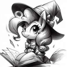 6847995__safe_imported+from+derpibooru_pinkie+pie_earth+pony_pony_ai+content_ai+generated_black+and+white_book_female_grayscale_hat_monochrome_p.jpg