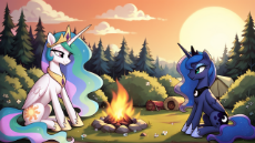 7012075__safe_imported+from+derpibooru_princess+celestia_princess+luna_alicorn_pony_ai+content_ai+generated_bush_campfire_duo_duo+female_female.png