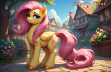3663285__safe_ai+generated_fluttershy_pegasus_pony_g4_beautiful_blushing_butterfly+cutie+mark_cobblestone+street_cute_detailed+background_flower_flower.png
