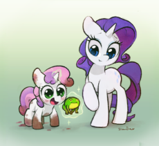 1935542__safe_artist-colon-celebi-dash-yoshi_rarity_sweetie+belle_blushing_cute_diasweetes_female_filly_frog_magic_mare_open+mouth_pony_raised+hoof_sig.png