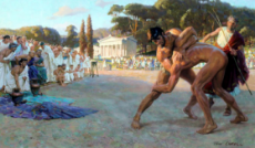 Tom Lovell (1909-1997) Referee Watches Greek Wrestlers in Ancient Olympic Games - Oil on board c1963.jpg