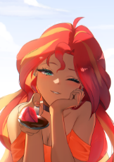 3580033__safe_artist-colon-light262_sunset+shimmer_human_art+pack-colon-mypastisnottoday2025_g4_bare+shoulders_breasts_chocolate_cleavage_date_food_girlfriend_h.png