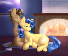 1529403__safe_artist-colon-d-dash-sixzey_doctor whooves_oc_oc-colon-milky way_canon x oc_commission_earth pony_eyes closed_female_fireplace_laying down.png