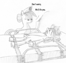 73742__semi-dash-grimdark_nurse+redheart_screw+loose_female_pony_mare_earth+pony_monochrome_open+mouth_duo_bed_bondage_high+res_on+back_frown_wide+ey.jpg