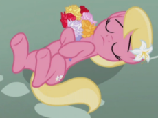 918650__safe_screencap_lily_lily valley_slice of life (episode)_animated_bouquet_cute_dead_eyes closed_fainted_leg twitch_lilybetes_on back_playing.gif