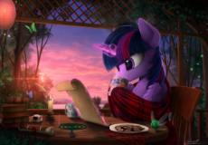 760665__safe_artist-colon-yakovlev-dash-vad_twilight sparkle_blanket_book_butterfly_candle_chest fluff_coffee mug_comfy_cookie_firefly (insect)_flu (1).png