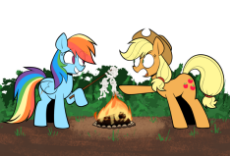 6979847__safe_artist-colon-latexia_imported+from+derpibooru_applejack_rainbow+dash_rarity_earth+pony_pegasus_pony_unicorn_campfire_female_food_.png