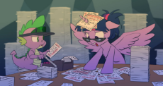 884464__safe_artist-colon-carnifex_spike_twilight sparkle_accounting_alicorn_female_glasses_horn impalement_horse taxes_mare_open mouth_paper_pony_spre.jpeg