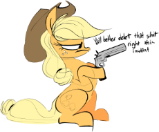 1669271__safe_artist-colon-anonhatter_applejack_delet this_dialogue_earth pony_female_gun_handgun_hoof hold_mare_pony_revolver_simple bac.png