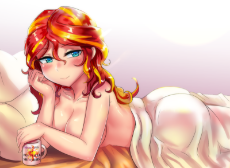 1805323__suggestive_artist-colon-tzc_sunset shimmer_equestria girls_ass_bed_blanket_blushing_breasts_bunset shimmer_busty sunset shimmer_clothes_coffee.png