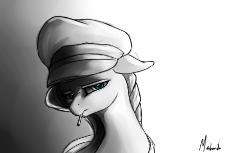 1333827__safe_artist-colon-miokomata_fluttershy_blue eyes_bust_fangs_german_hat_looking at you_monochrome_signature_solo.png