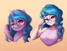 6291901__safe_artist-colon-the-dash-park_imported+from+ponybooru_izzy+moonbow_human_pony_unicorn_blushing_bust_clothes_duo_female_g5_glasses_gradient+background.jpg