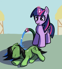 Twilight hosing Anonfilly with water.jpg