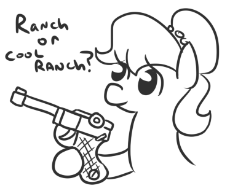 1726071__safe_artist-colon-jargon scott_oc_oc-colon-brownie bun_oc only_black and white_dialogue_earth pony_female_grayscale_gun_hoof hold_luger_mare_m.png