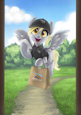 2978651__safe_artist-colon-taytinabelle_derpyhooves_pegasus_pony_clothes_cute_derpabetes_doordash_female_flying_grass_grassfield_happy_hat_hoofhold_lookinga.png