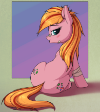 1269788__solo_oc_solo female_blushing_suggestive_looking at you_plot_bedroom eyes_both cutie marks_bandage.png