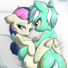 1667154__suggestive_artist-colon-yorozpony_bon+bon_lyra+heartstrings_sweetie+drops_earth+pony_pony_g4_after+kiss_bed_bedroom+eyes_blushing_both+cutie+marks_butt.png