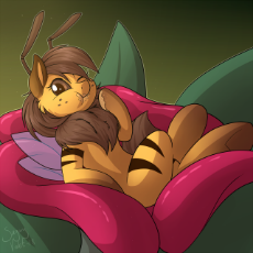 1656335__safe_artist-colon-sugaryviolet_oc_oc-colon-beeatrice_bee_bee pony_cute_eating_flower_ocbetes_one eye closed_original species_solo.png