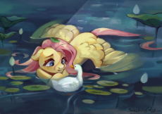 3735660__safe_artist-colon-serenitysky_derpibooru+import_fluttershy_bird_duck_pegasus_pony_g4_crying_flower_full+body_image_lilypad_png_pond_solo_sprea.png
