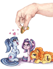 1293760__safe_sonata+dusk_adagio+dazzle_aria+blaze_pony_cute_human_food_floppy+ears_heart_ponified_prone_looking+up_size+difference_micro_hand_eyes+o.png