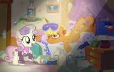 1601414__safe_sweetie+belle_ms-dot-+harshwhinny_female_pony_mare_unicorn_earth+pony_open+mouth_magic_food_filly_bed_alcohol_artist-colon-pixelkitties.jpeg