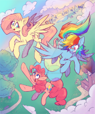 2885954__safe_rainbow+dash_fluttershy_pinkie+pie_female_pony_mare_pegasus_earth+pony_smiling_open+mouth_wings_spread+wings_flying_tree_.png