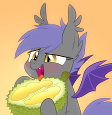 451278__safe_solo_pony_oc_oc+only_smiling_blushing_cute_open+mouth_tongue+out_food_spread+wings_bat+pony_lidded+eyes_fangs_eating_wingboner_panting_f.png